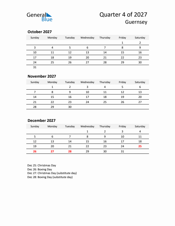 2027 Q4 Three-Month Calendar for Guernsey