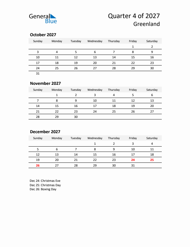 2027 Q4 Three-Month Calendar for Greenland