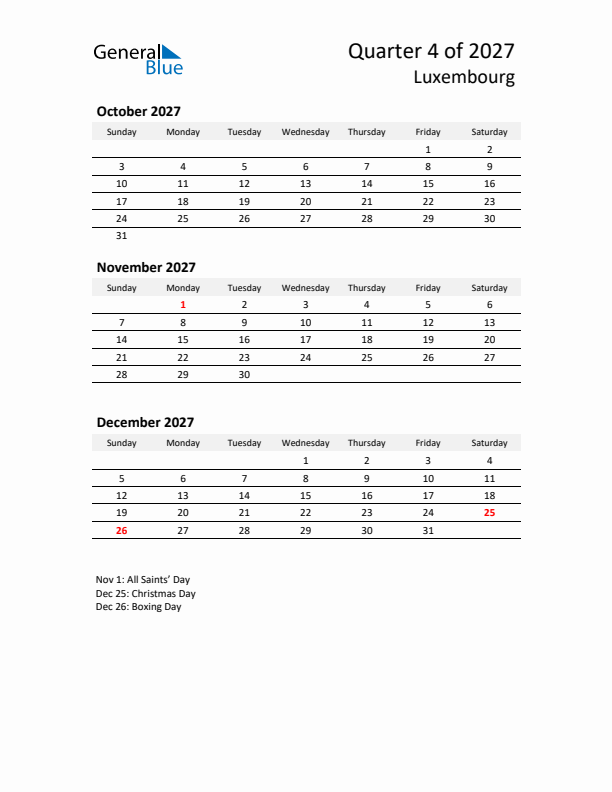 2027 Q4 Three-Month Calendar for Luxembourg