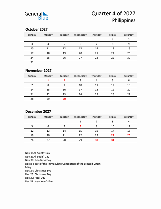 2027 Q4 Three-Month Calendar for Philippines