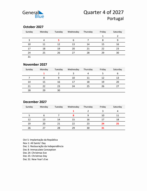 2027 Q4 Three-Month Calendar for Portugal