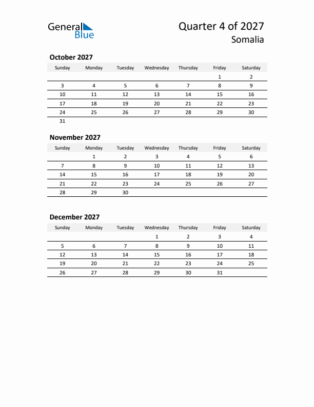 2027 Q4 Three-Month Calendar for Somalia