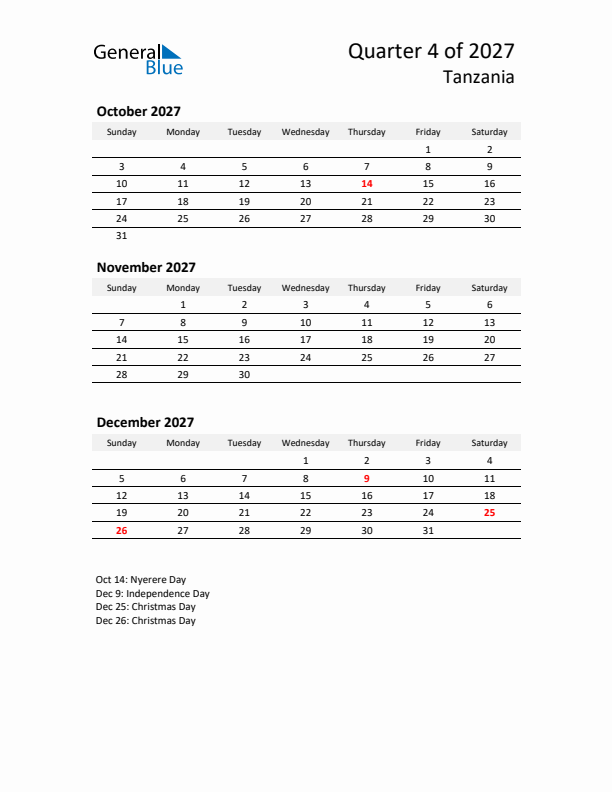 2027 Q4 Three-Month Calendar for Tanzania