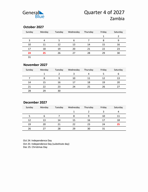 2027 Q4 Three-Month Calendar for Zambia