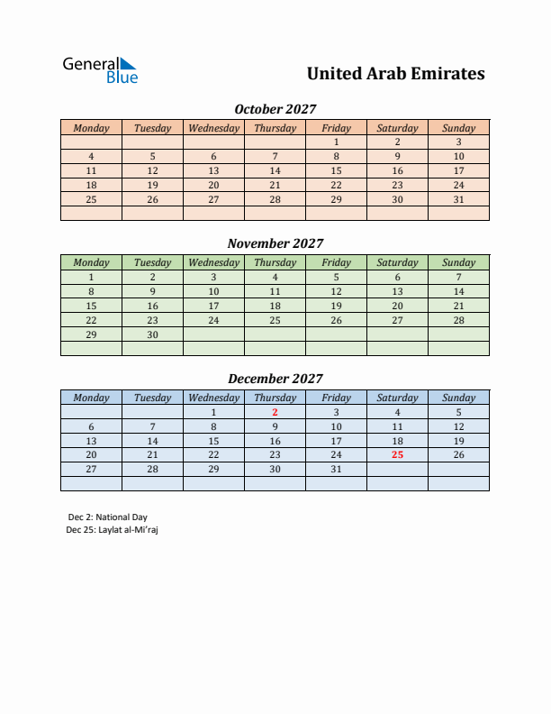 Q4 2027 Holiday Calendar - United Arab Emirates