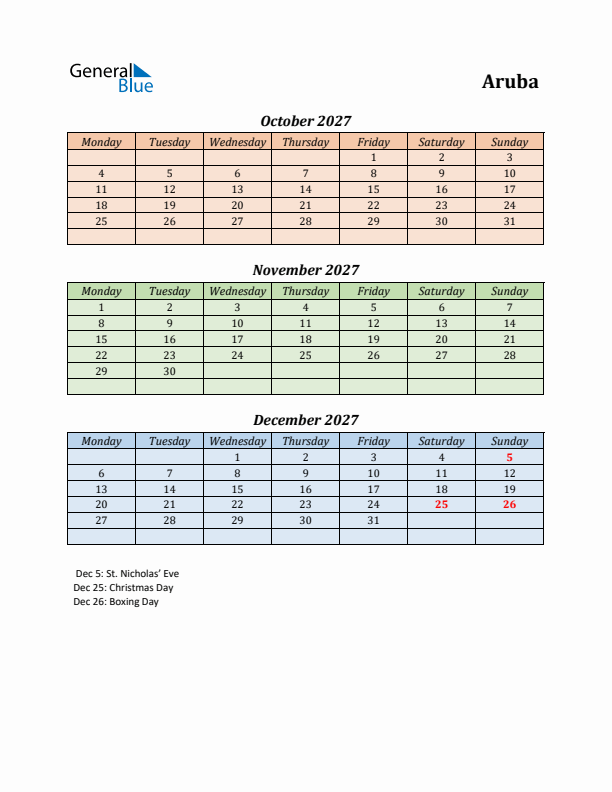 Q4 2027 Holiday Calendar - Aruba