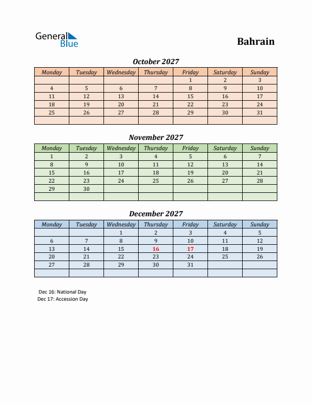 Q4 2027 Holiday Calendar - Bahrain