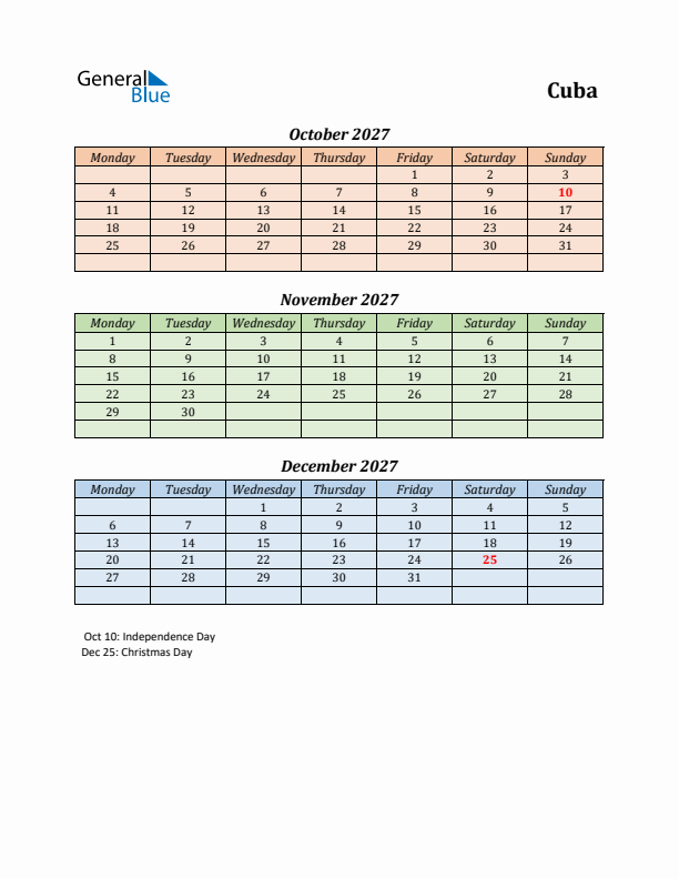 Q4 2027 Holiday Calendar - Cuba