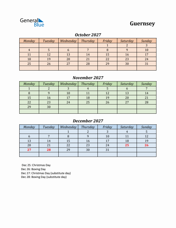 Q4 2027 Holiday Calendar - Guernsey