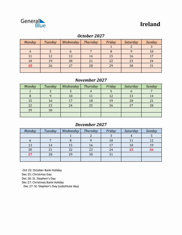 Q4 2027 Holiday Calendar - Ireland