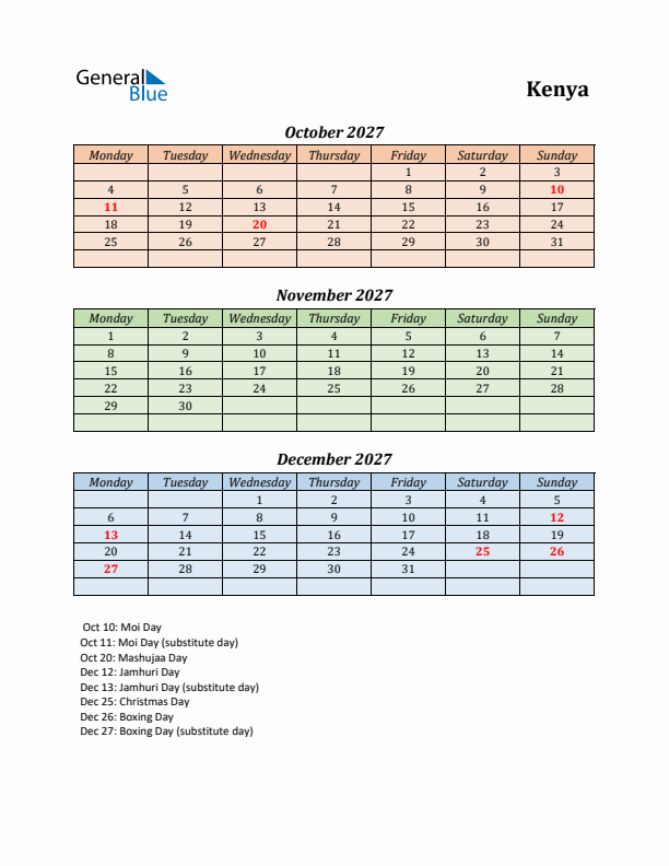 Q4 2027 Holiday Calendar - Kenya