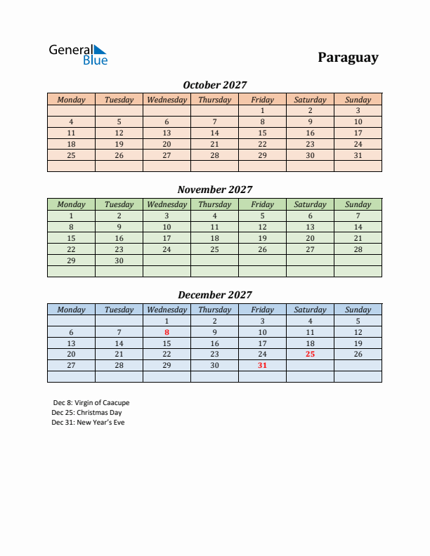 Q4 2027 Holiday Calendar - Paraguay