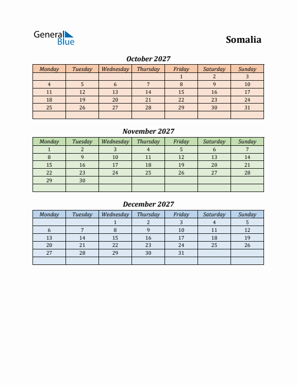 Q4 2027 Holiday Calendar - Somalia