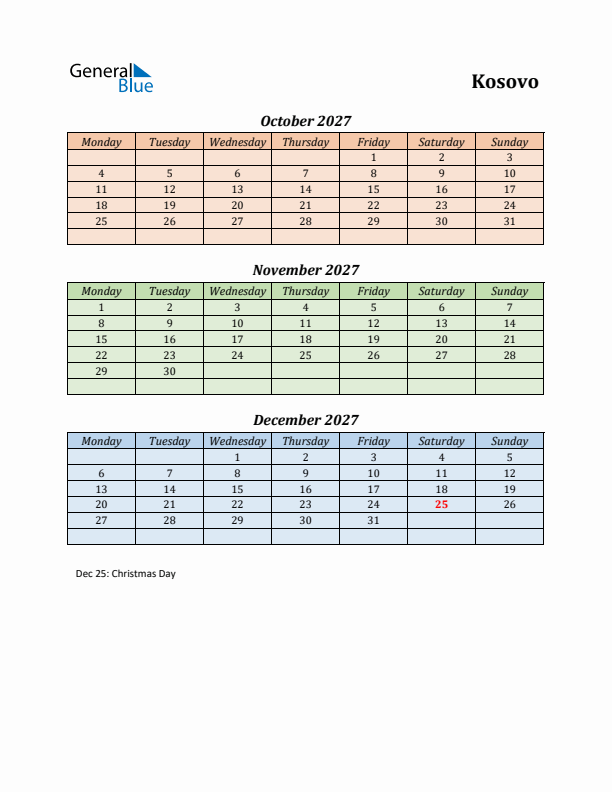 Q4 2027 Holiday Calendar - Kosovo