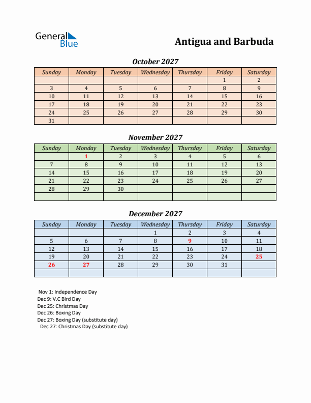 Q4 2027 Holiday Calendar - Antigua and Barbuda