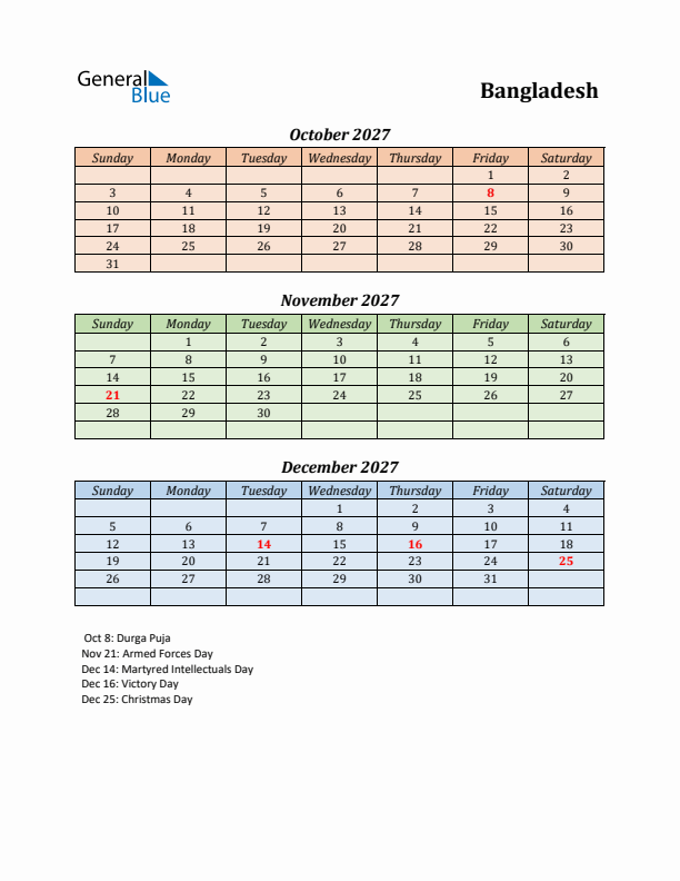 Q4 2027 Holiday Calendar - Bangladesh