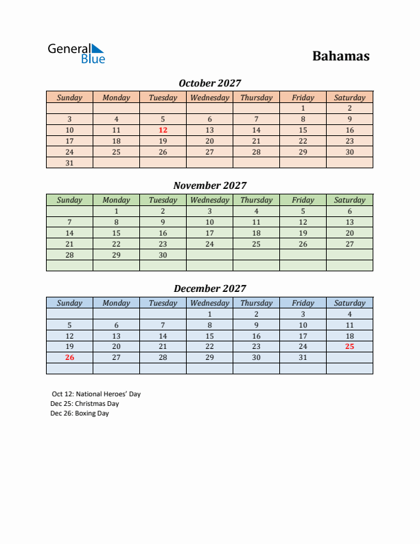 Q4 2027 Holiday Calendar - Bahamas