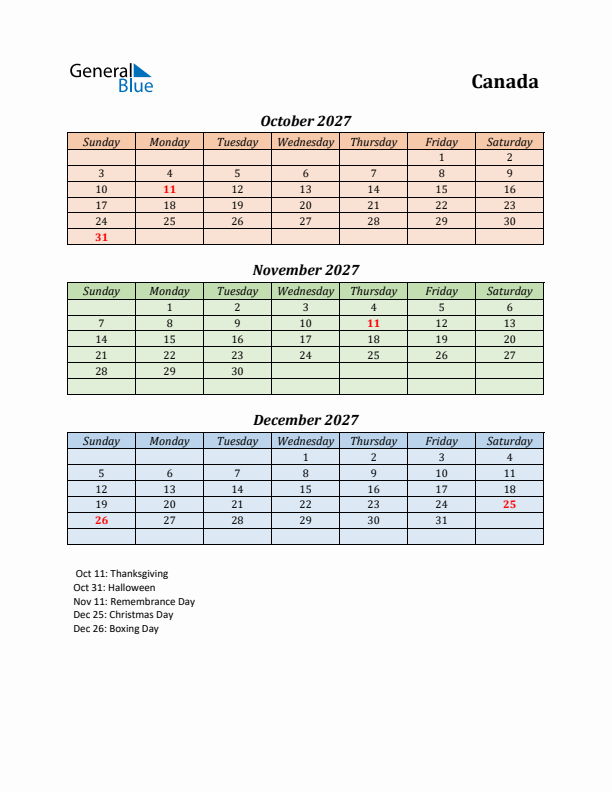 Q4 2027 Holiday Calendar - Canada