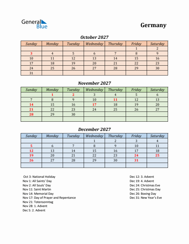 Q4 2027 Holiday Calendar - Germany