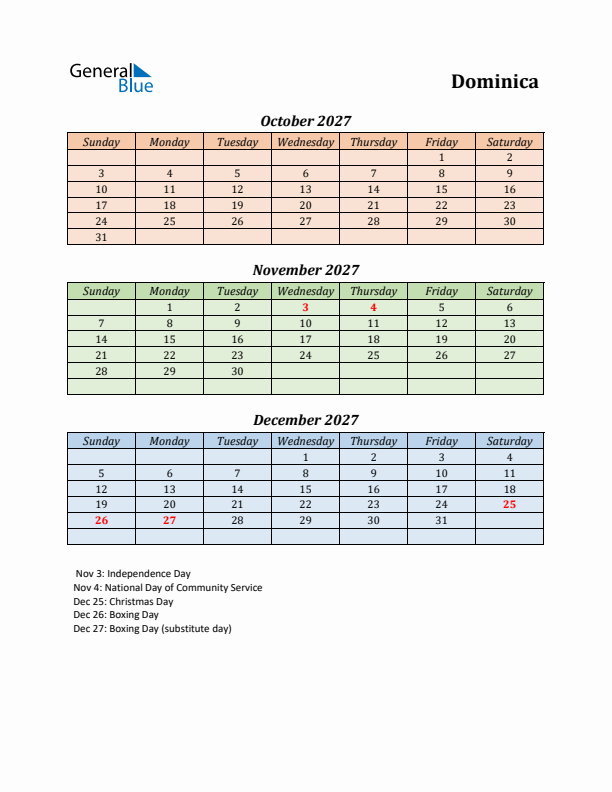 Q4 2027 Holiday Calendar - Dominica