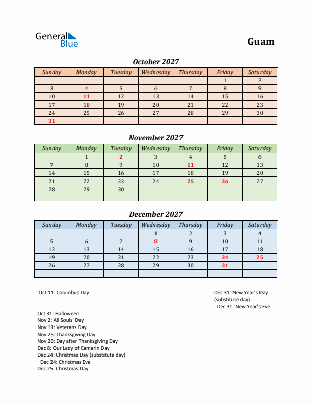 Q4 2027 Holiday Calendar - Guam