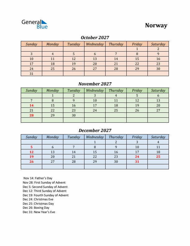 Q4 2027 Holiday Calendar - Norway