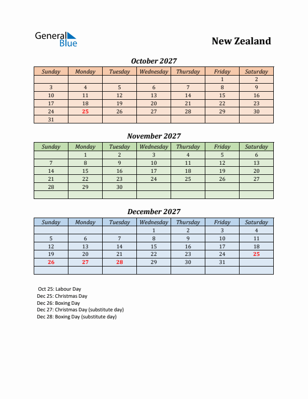 Q4 2027 Holiday Calendar - New Zealand