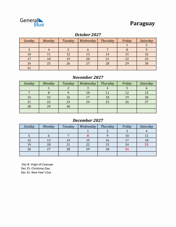 Q4 2027 Holiday Calendar - Paraguay