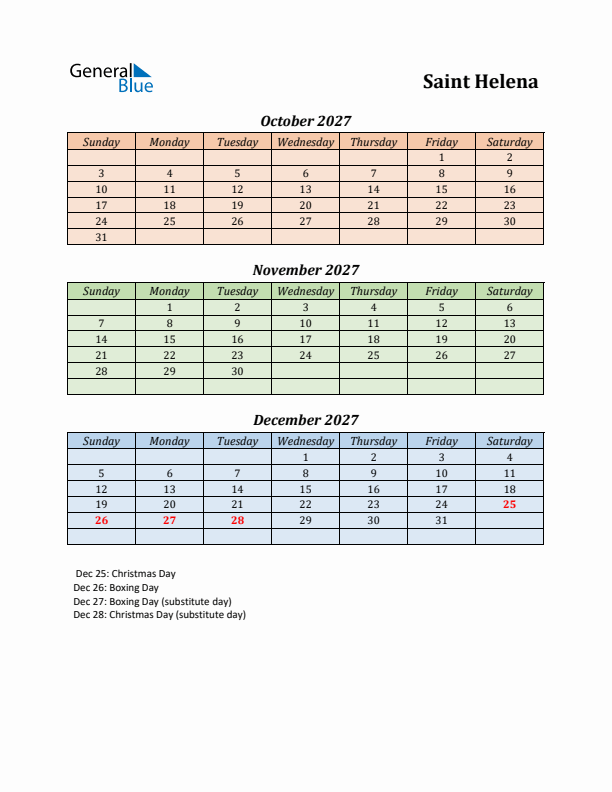 Q4 2027 Holiday Calendar - Saint Helena