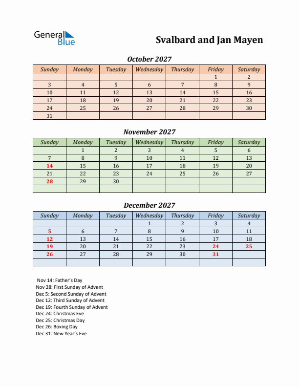 Q4 2027 Holiday Calendar - Svalbard and Jan Mayen