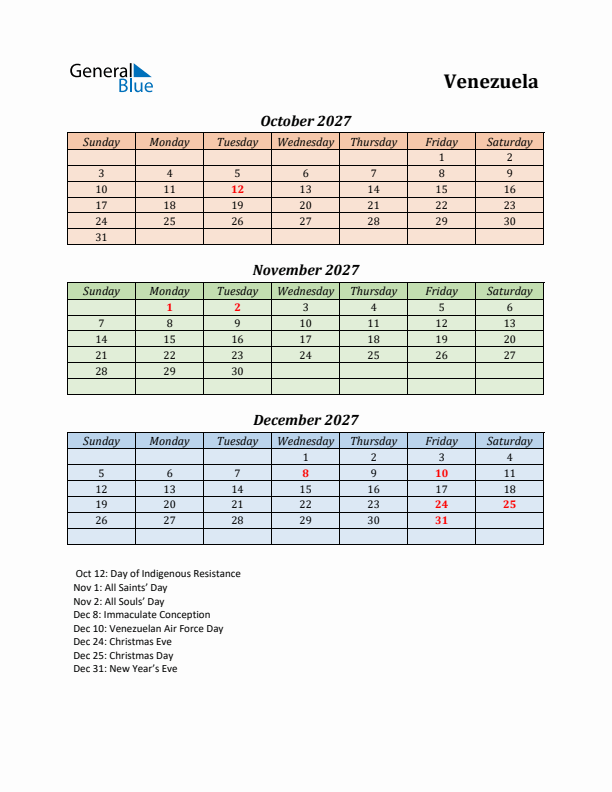 Q4 2027 Holiday Calendar - Venezuela