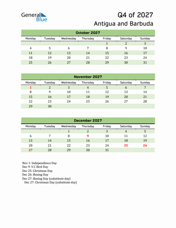 Quarterly Calendar 2027 with Antigua and Barbuda Holidays