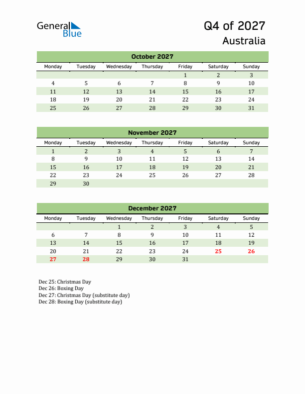 Quarterly Calendar 2027 with Australia Holidays