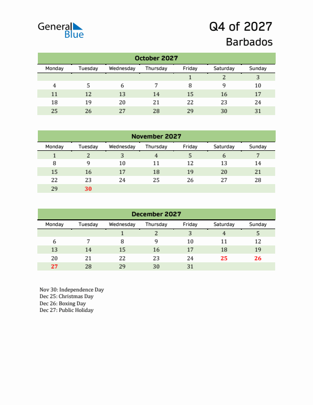 Quarterly Calendar 2027 with Barbados Holidays