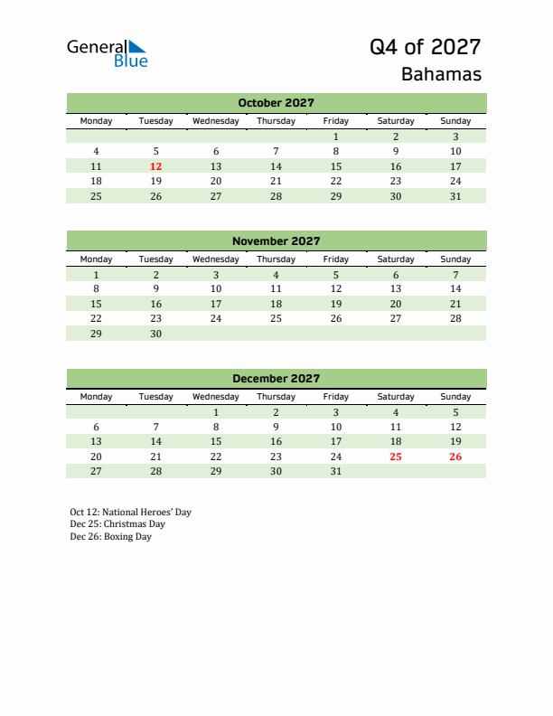 Quarterly Calendar 2027 with Bahamas Holidays