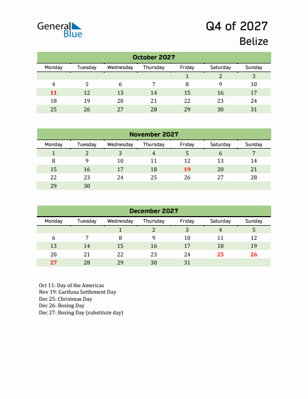 Quarterly Calendar 2027 with Belize Holidays