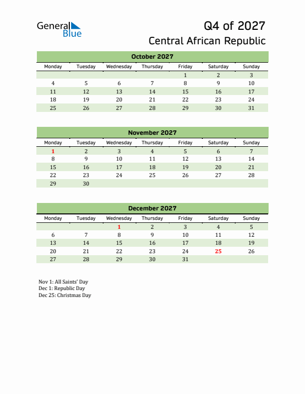 Quarterly Calendar 2027 with Central African Republic Holidays