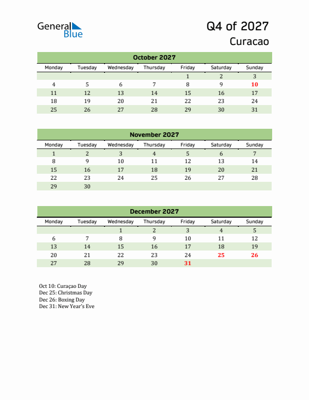 Quarterly Calendar 2027 with Curacao Holidays