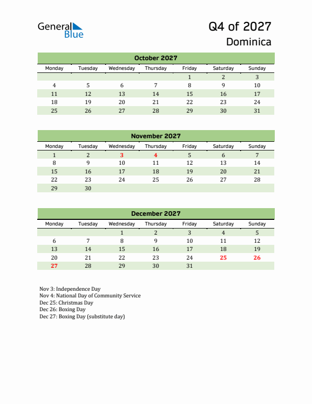 Quarterly Calendar 2027 with Dominica Holidays