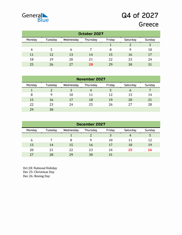 Quarterly Calendar 2027 with Greece Holidays