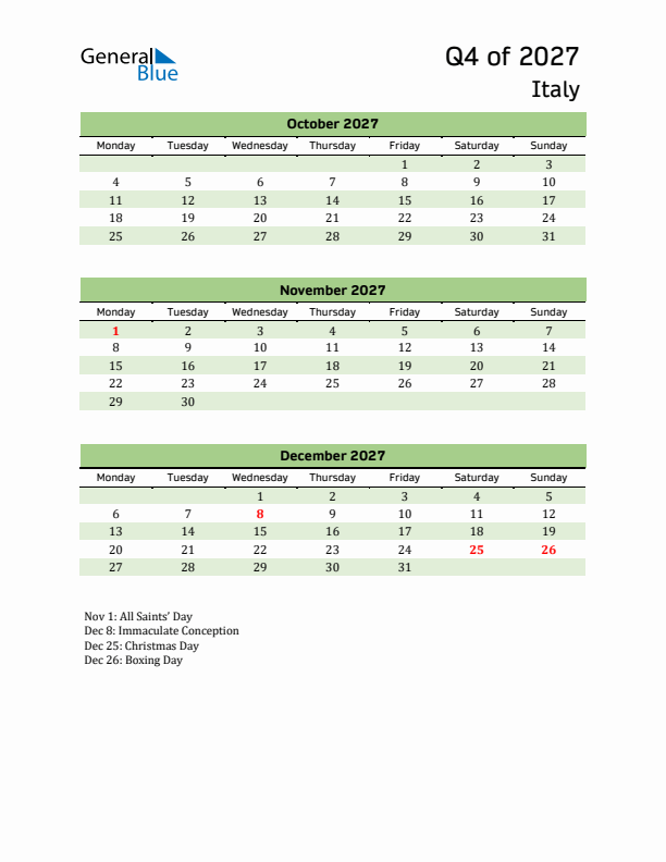 Quarterly Calendar 2027 with Italy Holidays