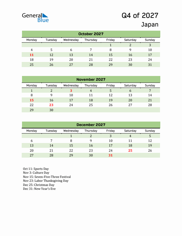 Quarterly Calendar 2027 with Japan Holidays