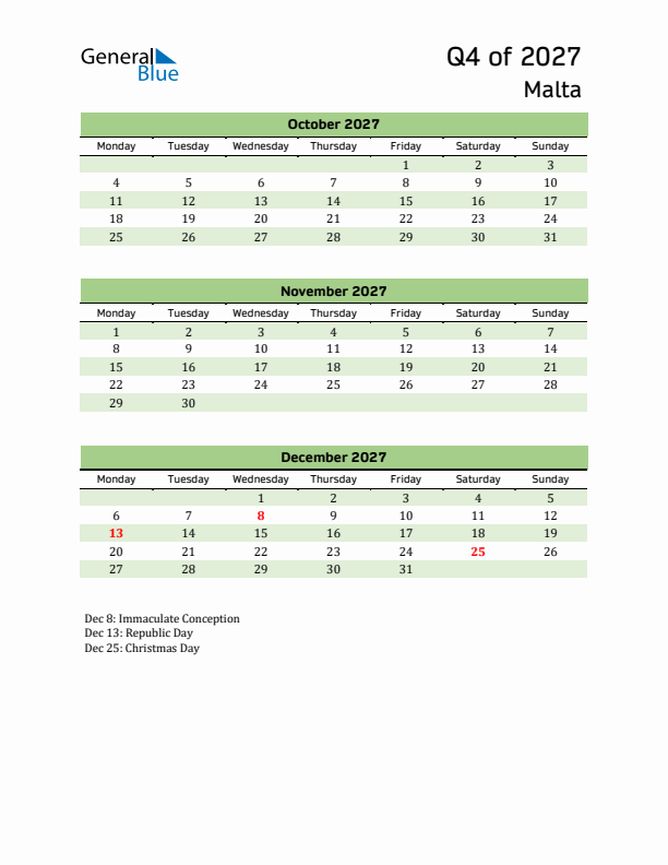 Quarterly Calendar 2027 with Malta Holidays