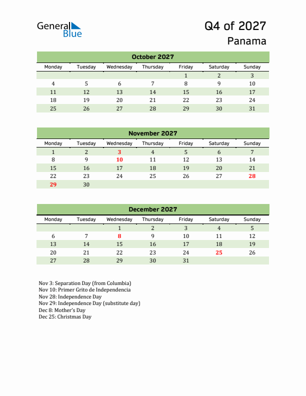 Quarterly Calendar 2027 with Panama Holidays