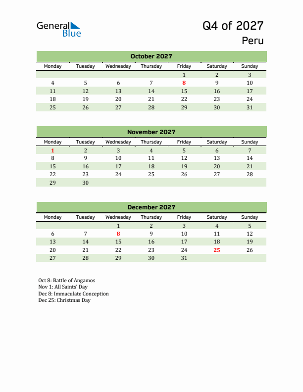 Quarterly Calendar 2027 with Peru Holidays