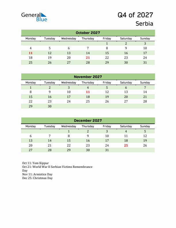 Quarterly Calendar 2027 with Serbia Holidays