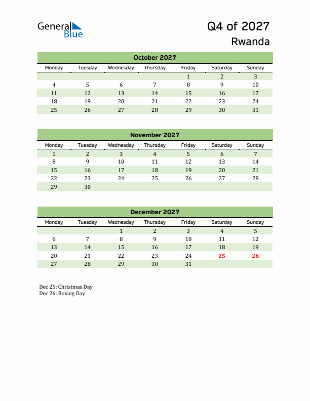 Quarterly Calendar 2027 with Rwanda Holidays