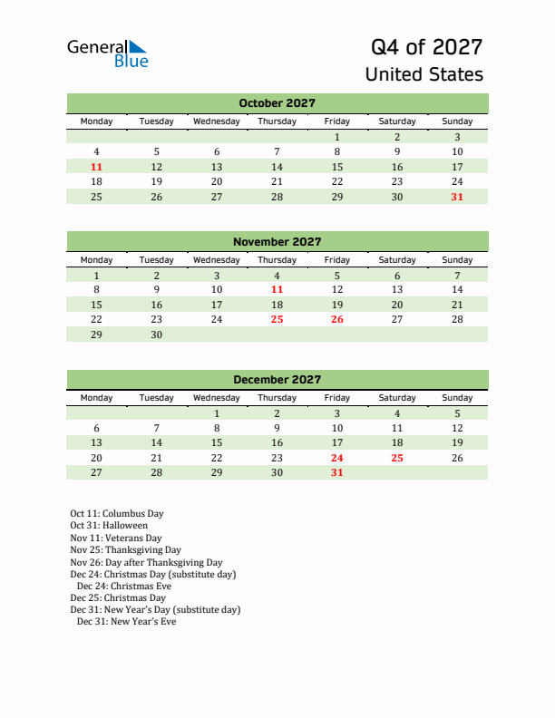 Quarterly Calendar 2027 with United States Holidays