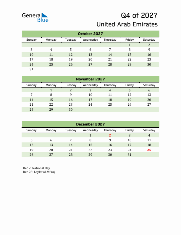 Quarterly Calendar 2027 with United Arab Emirates Holidays