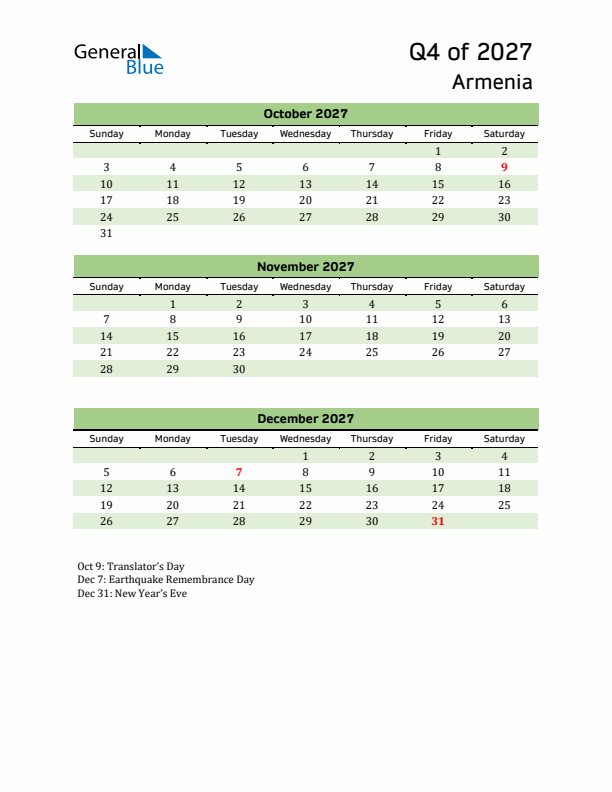 Quarterly Calendar 2027 with Armenia Holidays